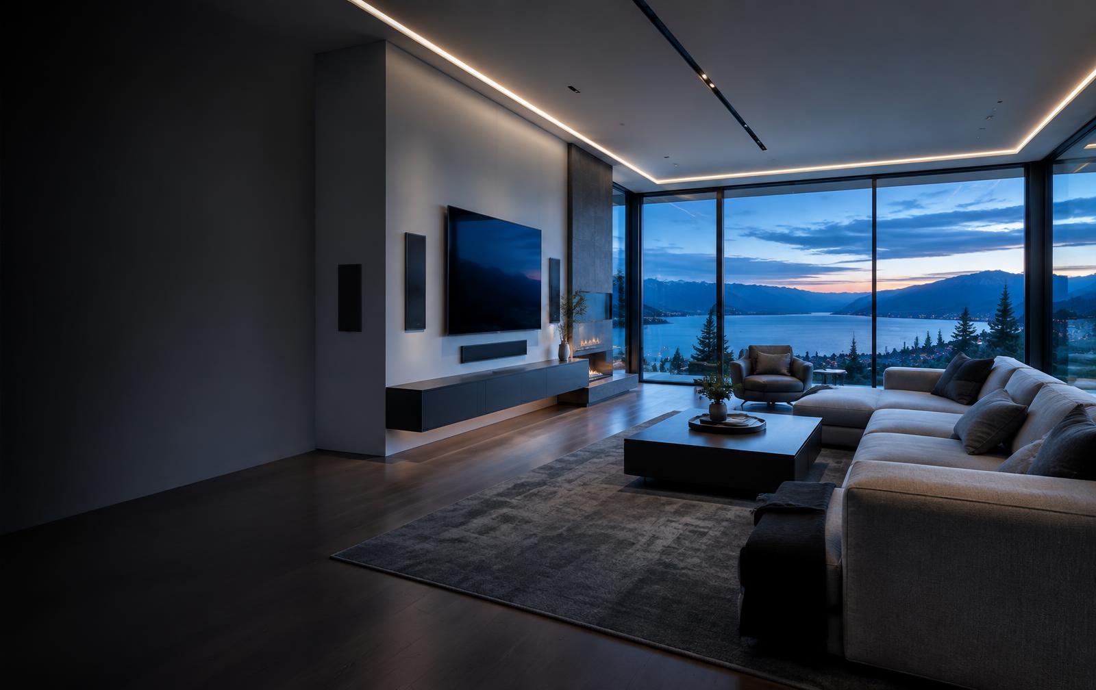 Contemporary home with integrated smart lighting, television and sound overlooking the Okanagan